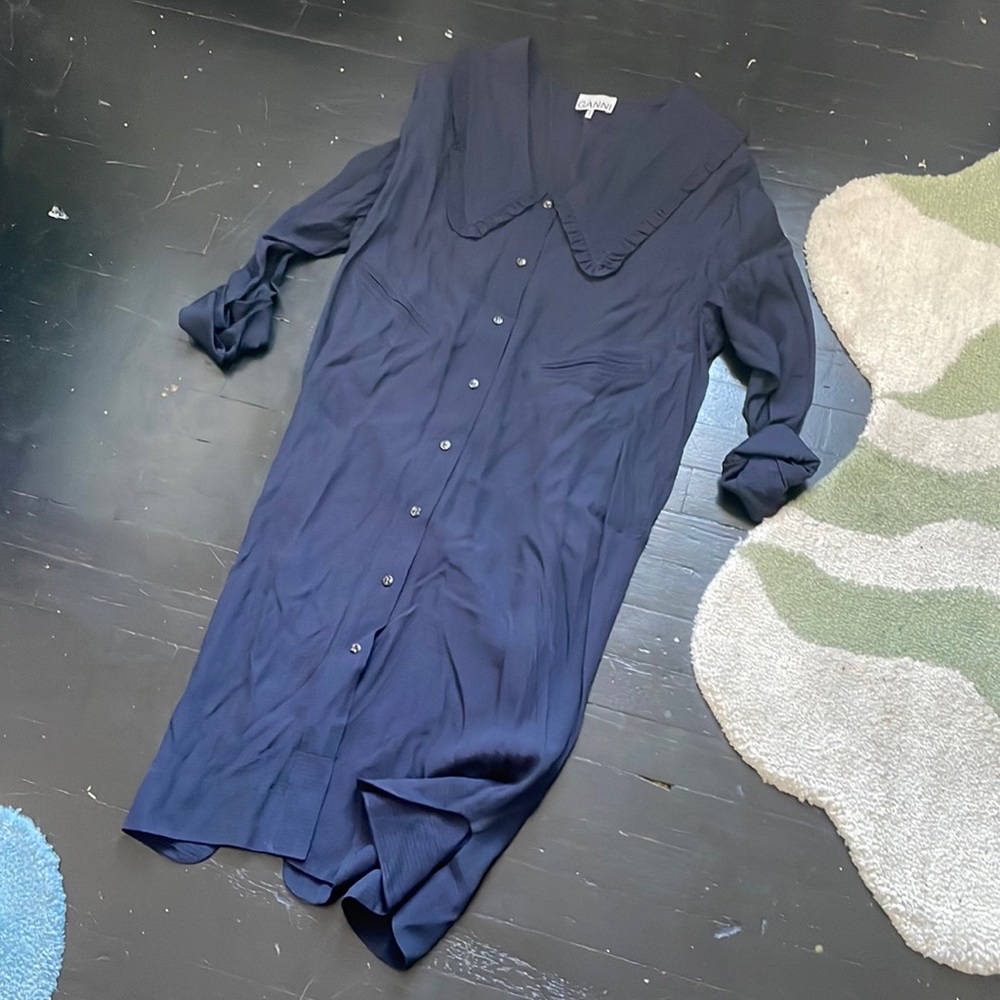 Ganni Navy Button-Up Dress